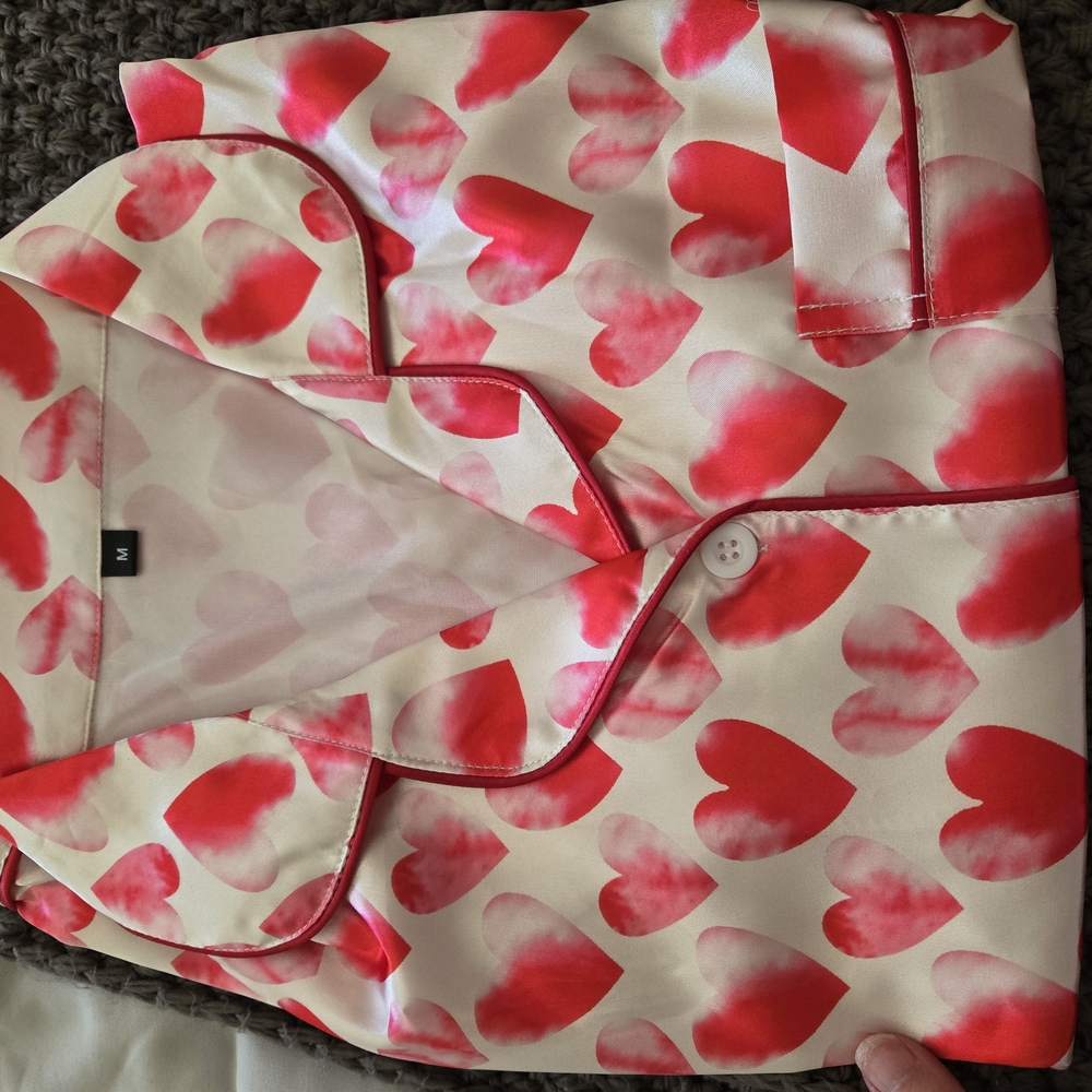 Heart Print Satin Pajama Top